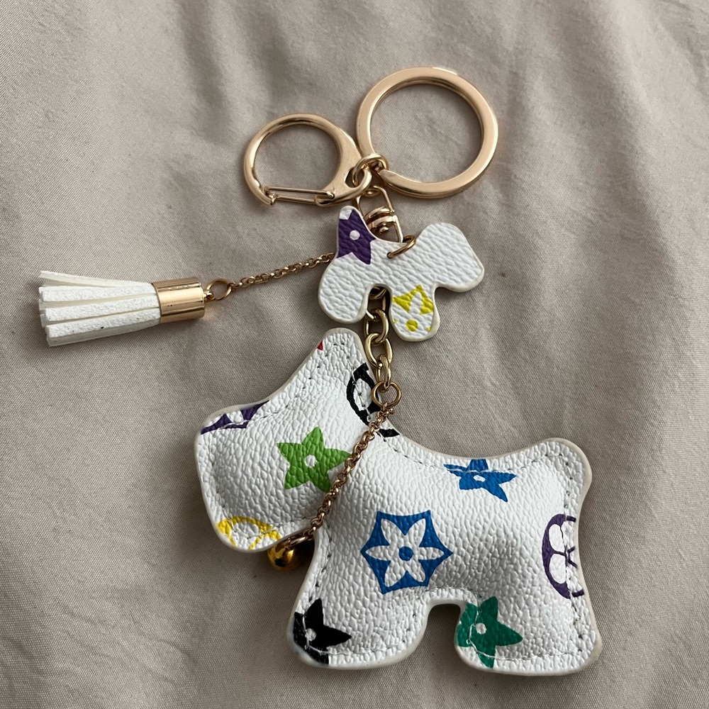 Colorful Dog-Shaped Keychain with Gold Accents